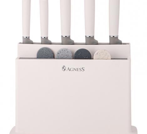 Набор кухонных ножей (5 шт.), 4 доски и подставка "AGNESS", бело-серый