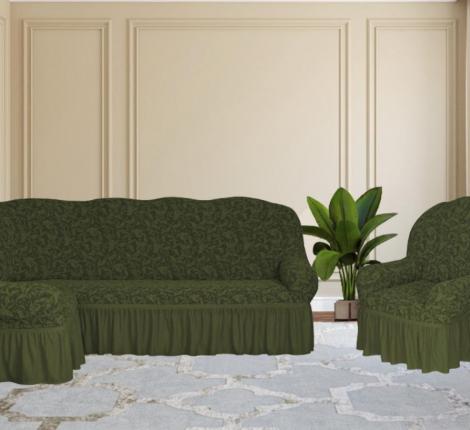 Комплект чехлов на 3-х местный угловой диван и кресло Karteks &quot;Классика&quot; с оборкой KAR 013-09, зелёный