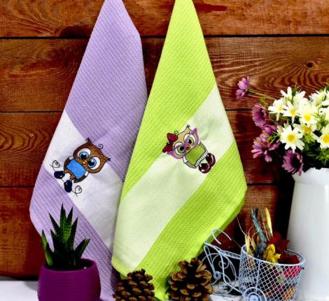 Набор вафельных салфеток "СОВА" 40х60-2шт. (зеленый+фиолетовый)