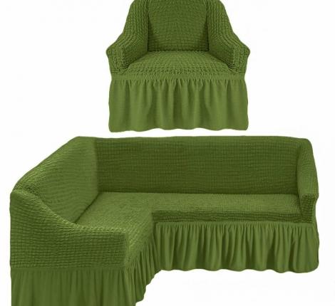Комплект чехлов для мягкой мебели "KARTEKS" на угловой диван с полочкой (правый) и креслом, 222 Зелёный