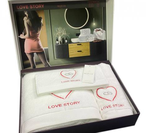 Комплект махровых полотенец 30x50-50x100-85x150 Maison D'or "LOVE STORY", бело-красный