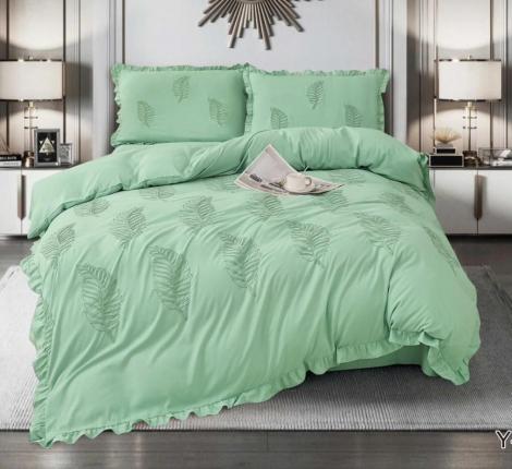 Постельное бельё c одеялом EFOR SATEN с вышивкой "ЛИСТОК" (ментоловый), Евро