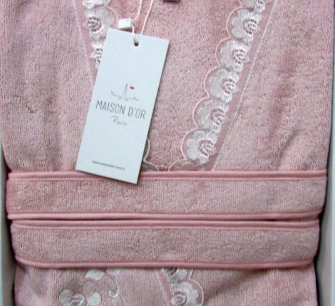 Халат женский махровый с кружевом Maison D'or "CELYN" (пыльная роза), XL(50)-XXL(52)