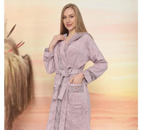 Халат женский махровый с капюшоном Maison D'or "VERONIQE" (фиолетовый), XS(42)-S(44)